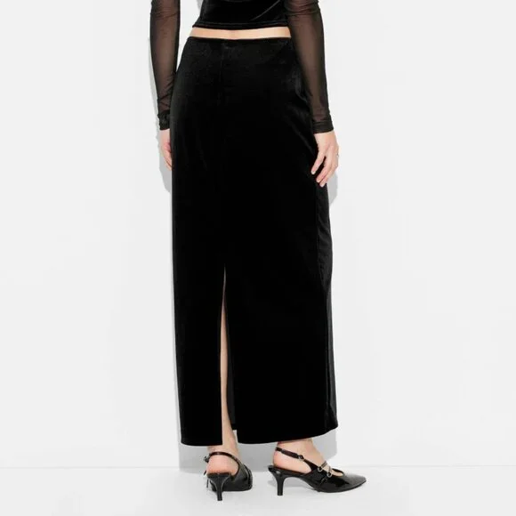 NWT Wild Fable Women's Size XS Black Satin Elastic Waist Velour Maxi Skirt - Picture 3 of 13